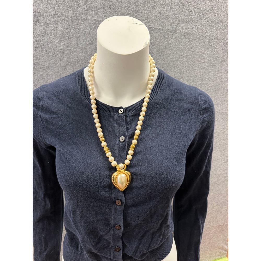 Napier Vintage Faux Pearl Necklace Gold Tone Heart Teardrop Pendant PAT PEND